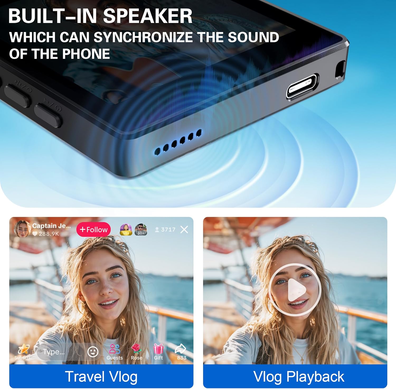 Vlog Selfie Monitor Screen for iPhone & Android, Built-in Speaker & Adjust Focus Wireless Magnetic Phone Vlog Selfie Monitor Screen for Rear Camera, Live Stream for TikTok