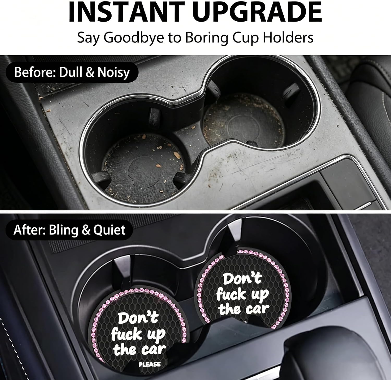 4 PCS Bling Car Cup Holder Coasters, Funny Statement Printed with Rhinestones, Non-Slip PVC Cup Mat, Universal for Most Cars, Trucks, SUVs (Pink) image 4