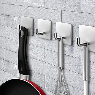 Self Adhesive Hooks for Hanging Kitchen Bathroom Adhesive Tower Hooks Pot Holder Pan Hanger Tower Hooks Coat Hanger 304 Stainless Steel Heavy Duty 11 lb 5KG Waterproof Wall Door Hooks 4 Pack