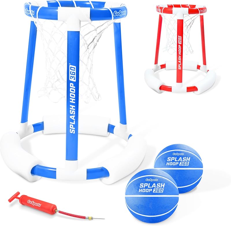 GoSports Splash Hoop 360 Juego de baloncesto flotante para pileta, elige rojo o azul, incluye aro, 2 pelotas y bomba