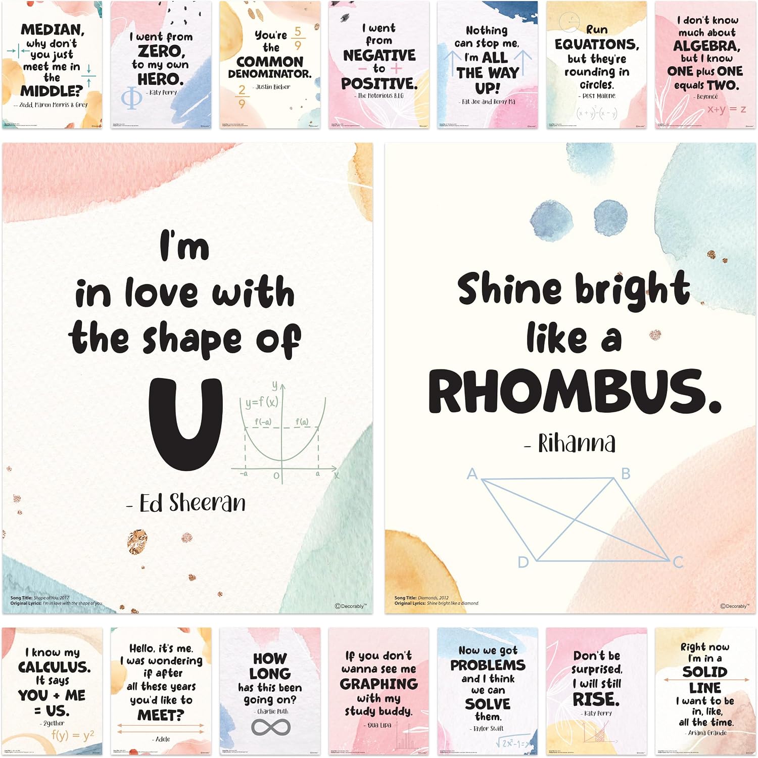 Decorably 16 Math Posters for Classroom High School, 11x14in Matte-Laminated Educational Math Song Puns Posters - Bulletin Boards, School Hallways, Home Study Room