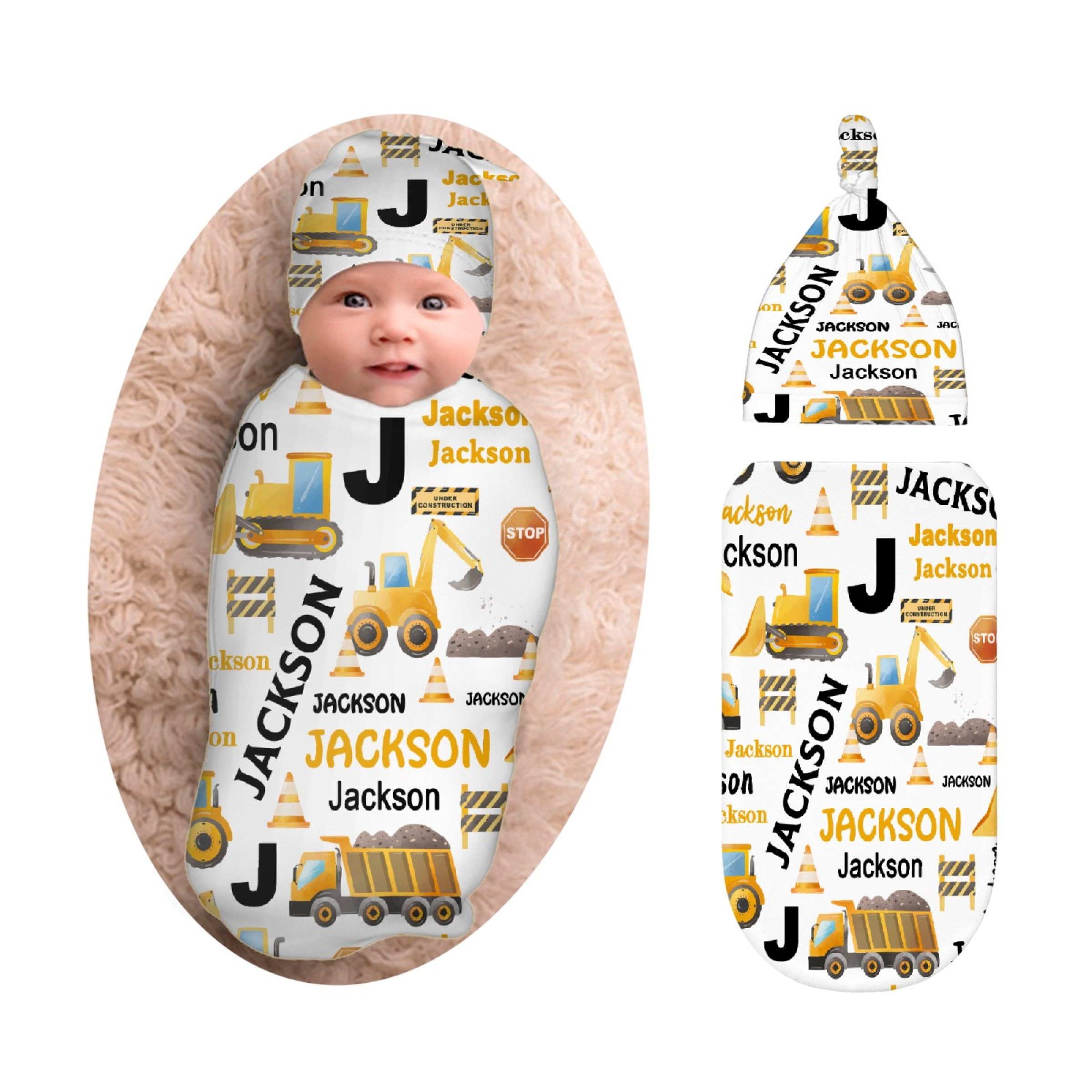 Personalized Baby Swaddle Blanket & Hat Set for Boys Girls, Customized Newborn Gifts, Custom Excavator Truck Receiving Blanket with Name, Ultra Soft Nursery Swaddle Wrap, Swaddling Sleeping Sacks
