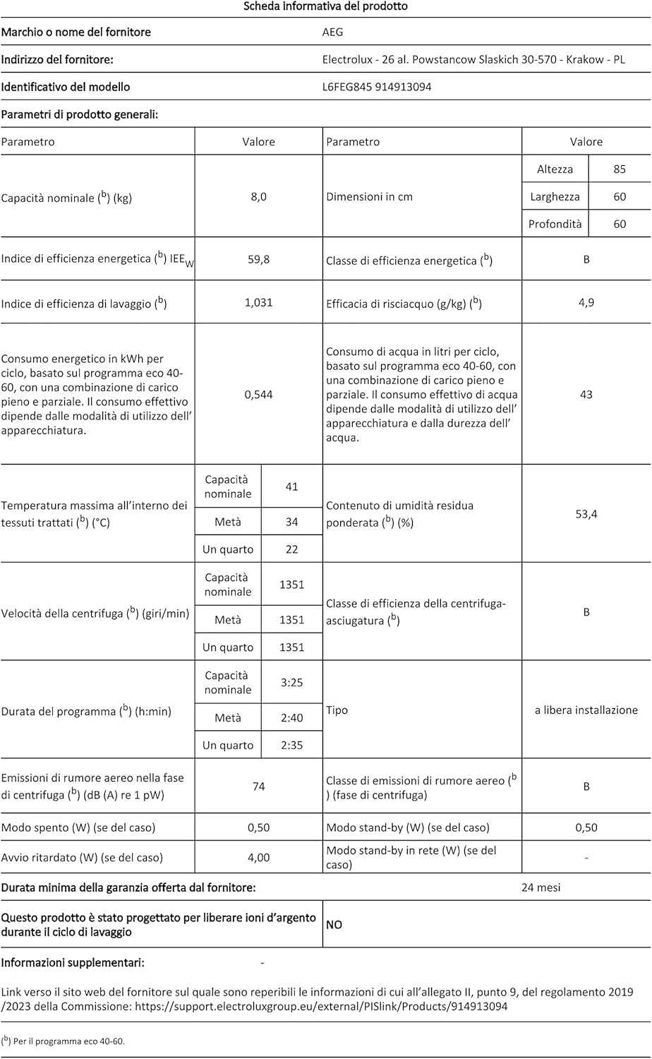 AEG L6FEG845 Lavatrice Serie 6000, 8 kg, Centrifuga 1400 Giri/Min, Bianco AEG L6FEG845 Lavatrice Serie 6000, 8 kg, Centrifuga 1400 Giri/Min, Bianco