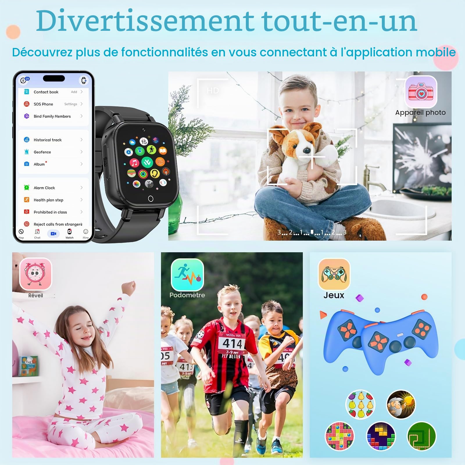 Montre Connectée Enfants GPS, 4G Smartwatch Téléphone pour Filles et Garçons avec Appel, Vidéo, SOS, Chat, Mode Classe Podomètre, Jeux, Réveil, Montre Intelligente Enfant 4 à 12 Cadeau, dark black