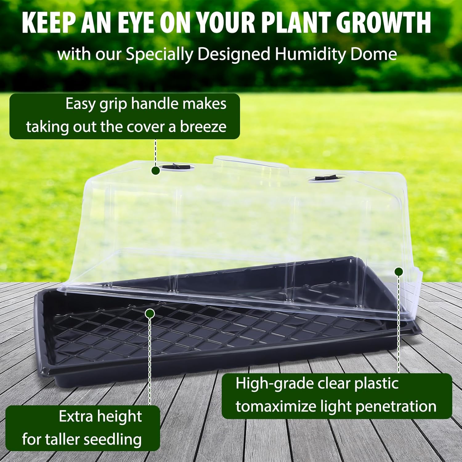 Vesici 10 Pack 1020 Plant Trays with Tall 7.87'' Humidity Domes Bulk Large Seed Tray with Handles 1020 Seed Starting Tray with Lid No Hole for Balcony Garden Seedling Planting Growing Seedling Starter