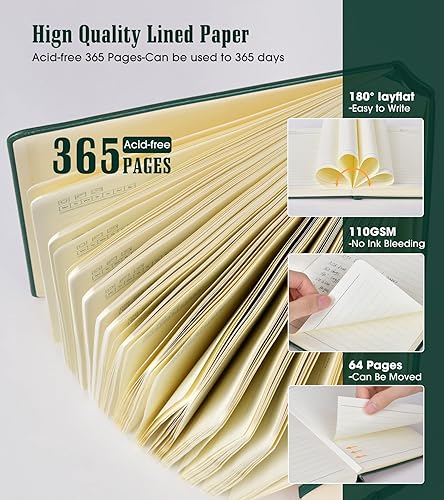 Miniatura 9 de Cuaderno rayado de 365 páginas, tamaño A5, diario grueso para escribir cuaderno de rayas universitarias, diario de cuero de tapa dura para mujeres y