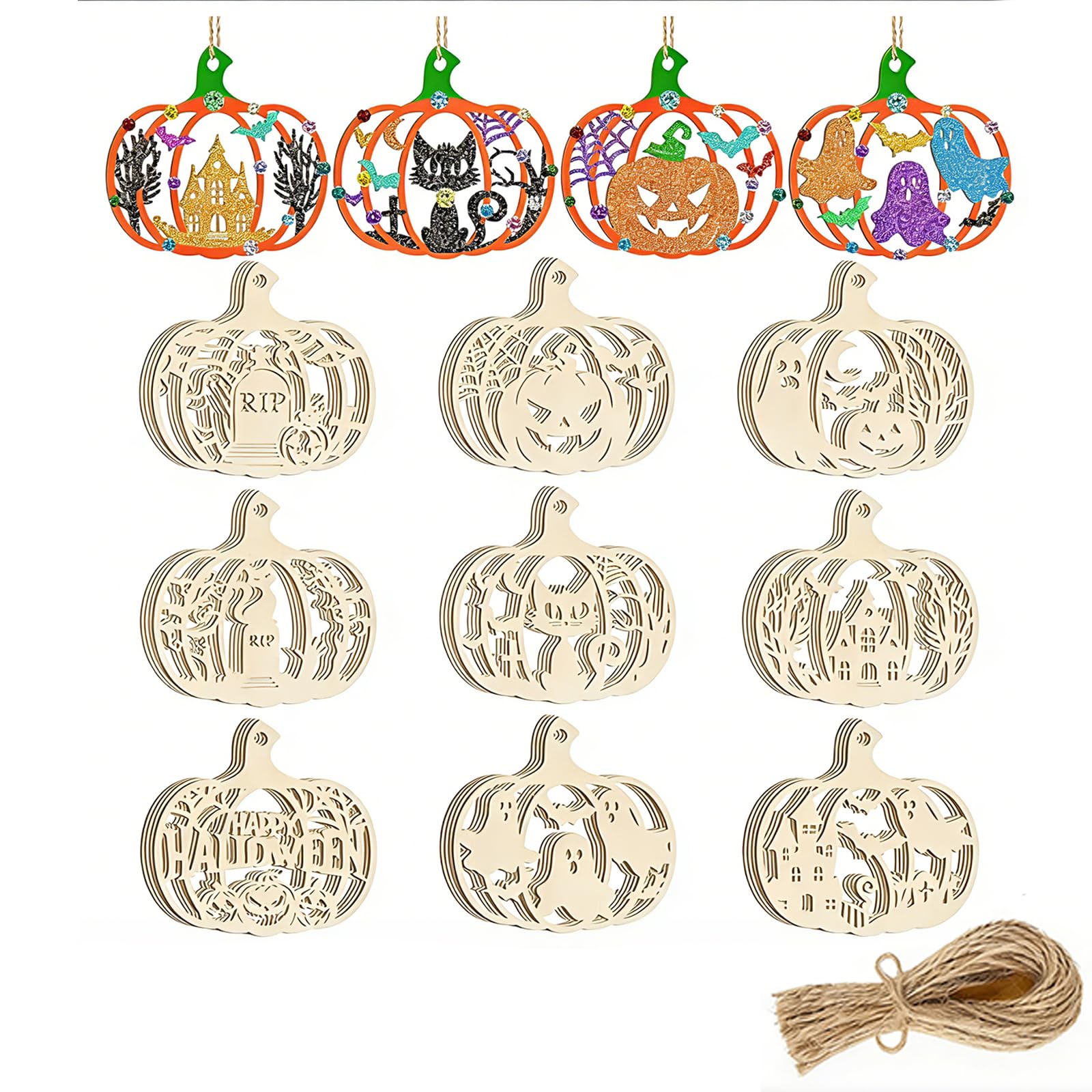36 Pcs Halloween Pumpkin Crafts Kits, DIY Wooden Pumpkin Ornaments Unfinished Paintable Slices Blank Halloween Crafts for Party Decorations Tree Hanging (L08-4)