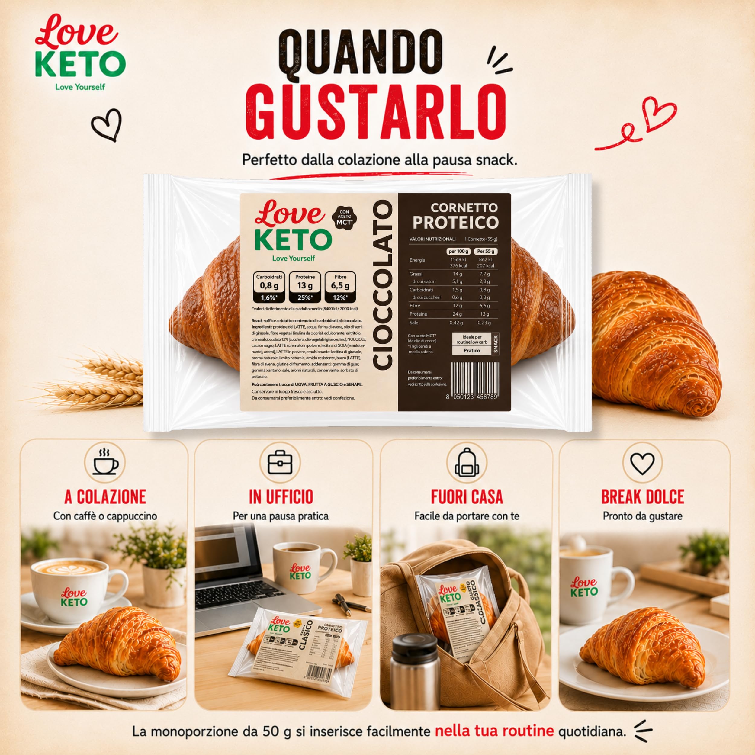 Cornetti proteici low carb ripieni al cioccolato 20 confezioni da 50gr - Made in Italy