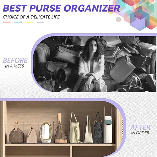 Miniatura 6 de Estleys Organizador de bolso para armario, paquete de 2, divisores de bolsa ajustables, organizador de almacenamiento de bolsos transparentes para