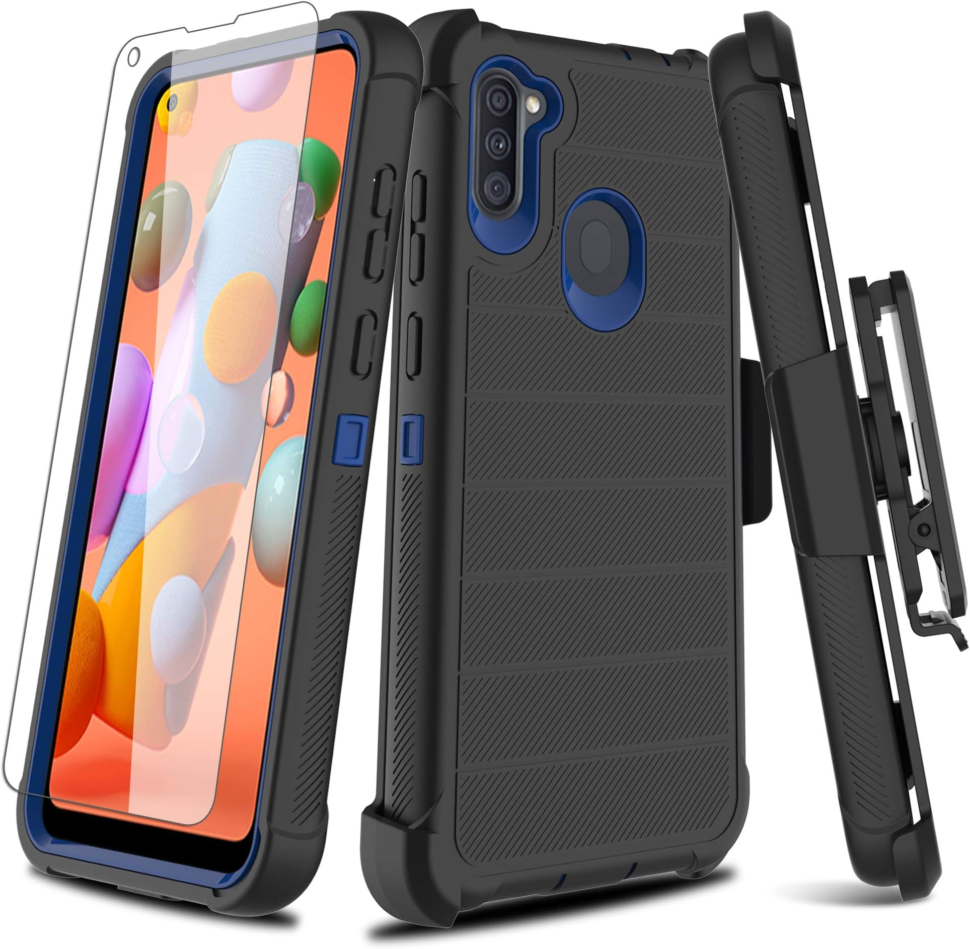 Leptech Galaxy A11 Case with Soft TPU Screen Protector, [Holster Series] Full Body Heavy Duty Armor Protective Phone Cover with Kickstand Belt Clip Case for Samsung Galaxy A11 (Black)