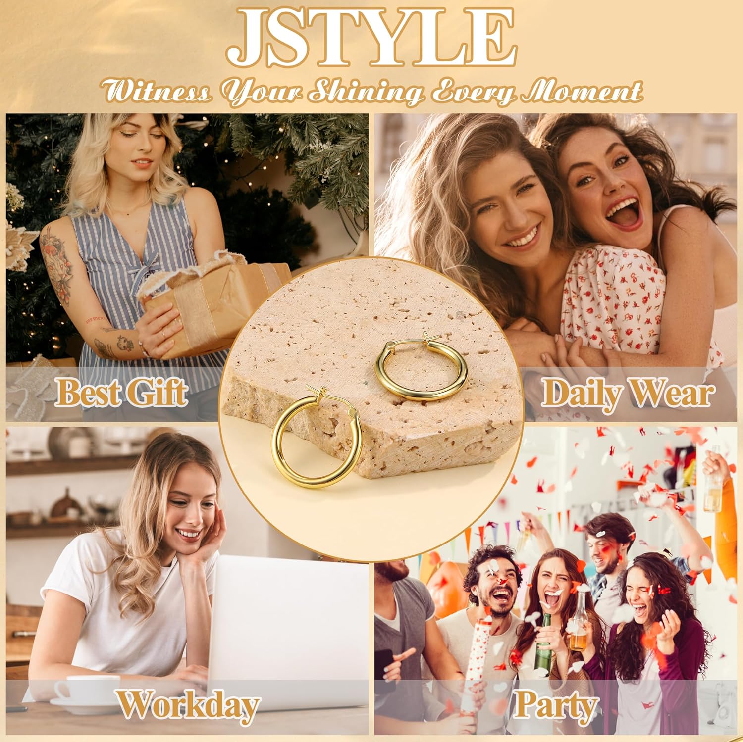 Jstyle 14K Solid Gold Hoop Earrings Post, No Tarnish 14K Gold Filled Hoop Earrings Lightweight, Hypoallergenic Earring for Sensitive Ears 12/14/16/20/25mm Comfort Fit Hoops Ideal Gift for Women - Image 6