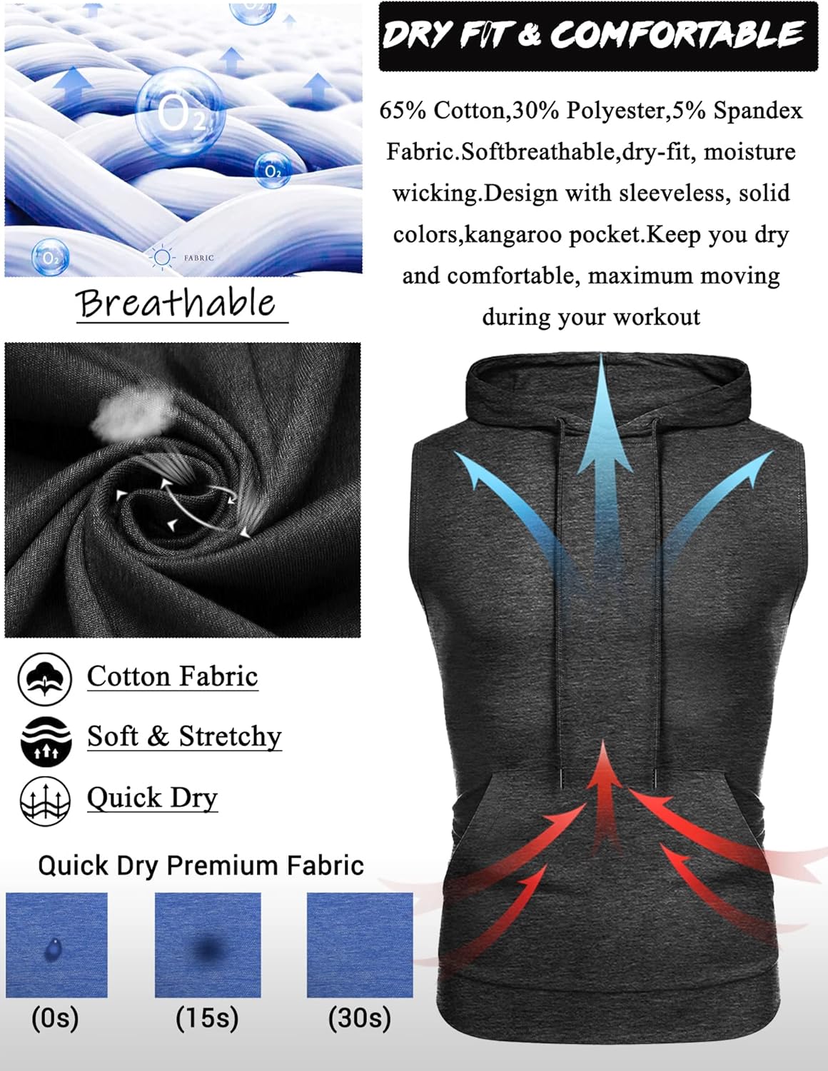 Amussiar Men's Workout Hooded Tank Tops Sleeveless Gym Training Hoodies Bodybuilding Muscle Cut Off T Shirt