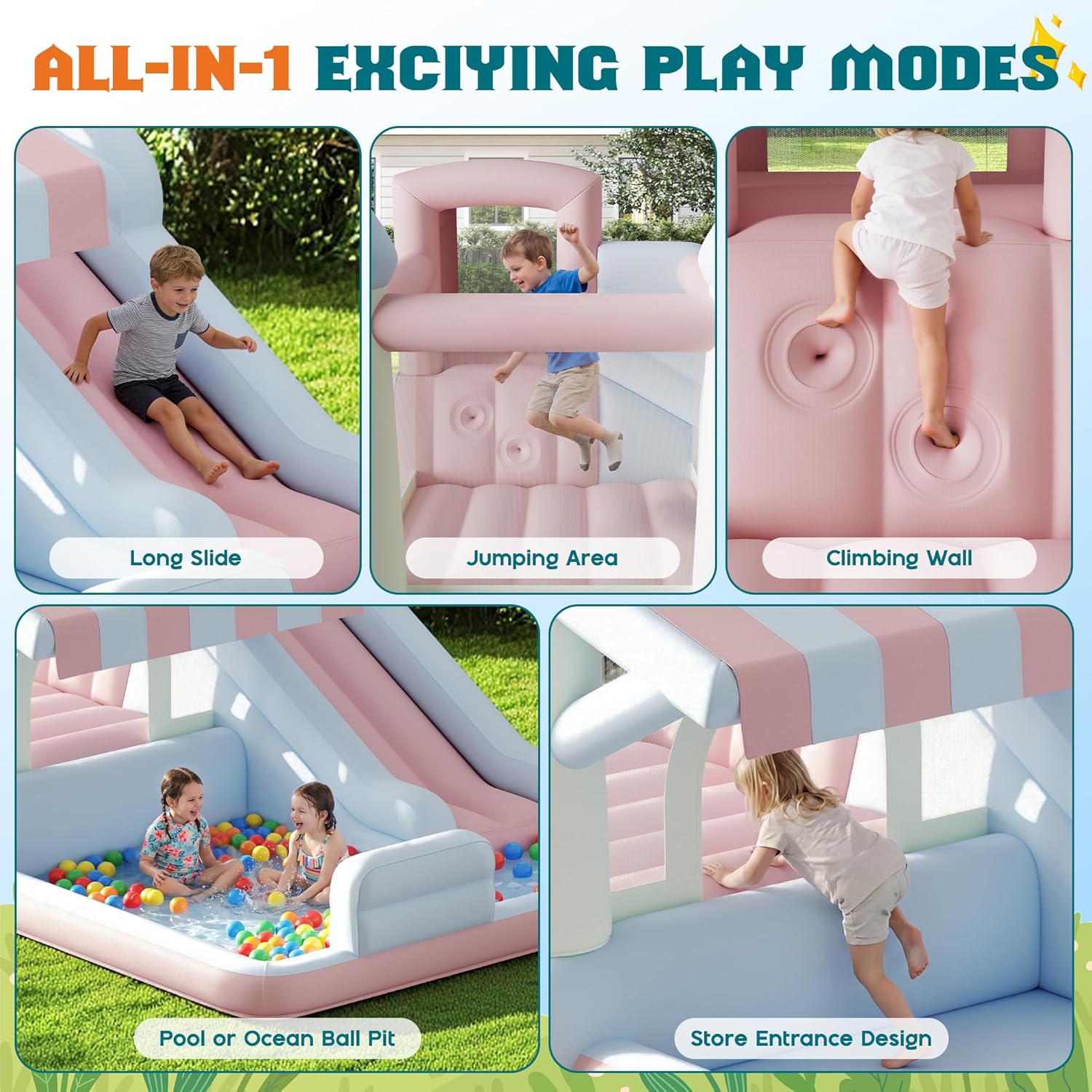 Albott Inflatable Bounce House, Water Slide with Jumping Area, Climbing Wall and Splash Pool, Indoor Outdoor Jumper for Big Children, Air Blower Included, Pastel Color, 121x93x69 Inch