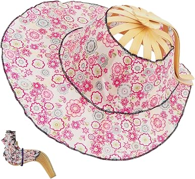 Fan Hat for Women 2 in 1 UV Protection Bamboo Hat Foldable Floral Bamboo Fan Portable Summer Sun for Outdoor Beach Travel, Small Flowers with