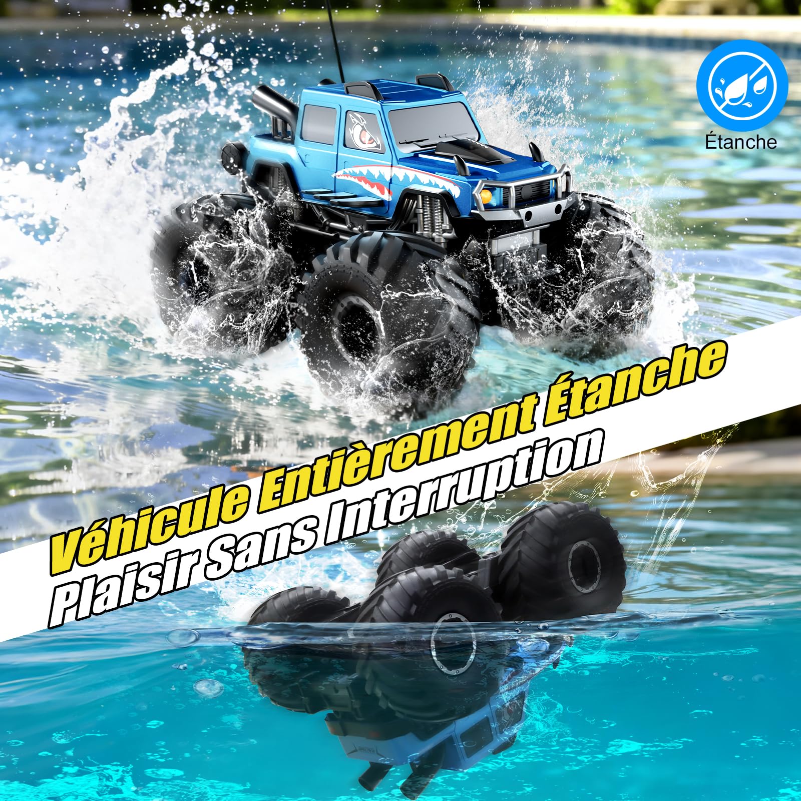Voiture Télécommandée Tout Terrain Amphibie, 4WD Voiture Stunt Tout-Terrain 360°Rotation Étanche Double Côté Monster Truck Jouet Enfant 6-12 Ans pour Sable, Eau, Jardin(Bleu)