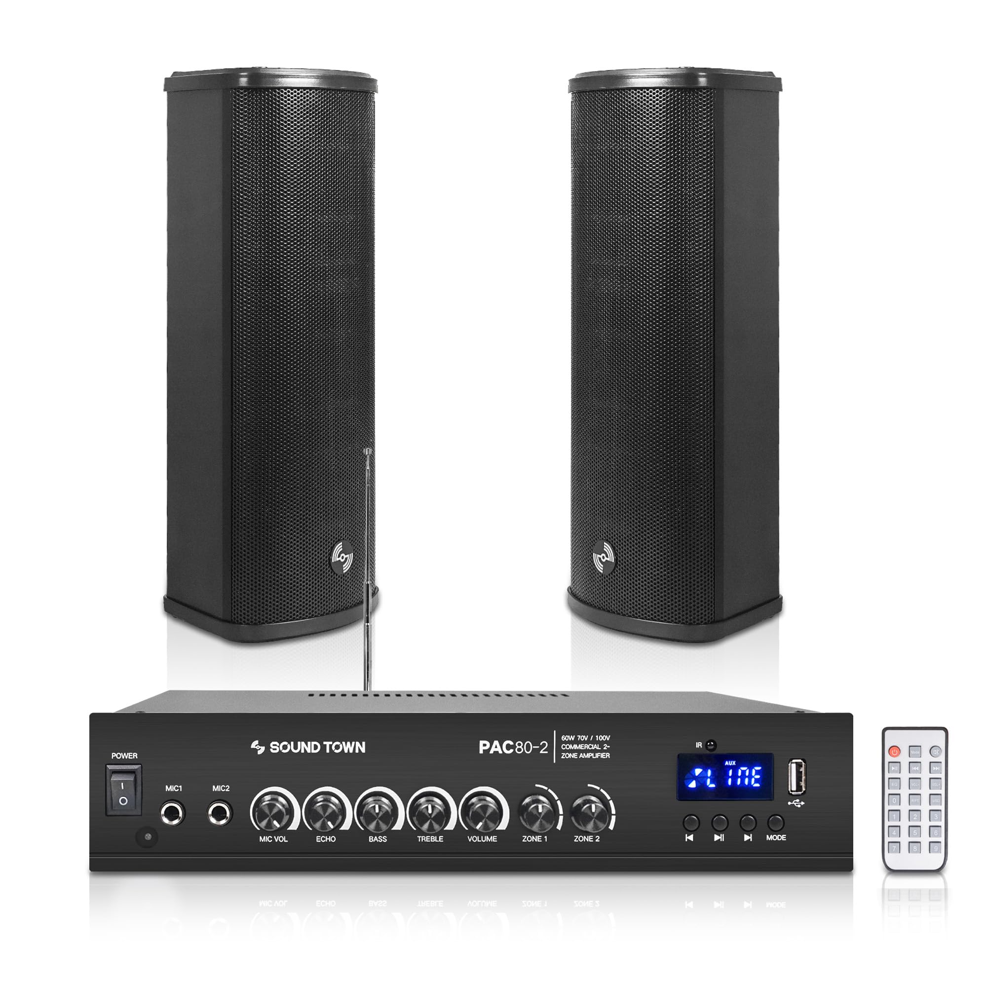 Sound Town Commercial Restaurant Bluetooth Amplifier + Column Speaker Set, with One 2-Zone 70V/100V Amplifier with Bluetooth, 2 x All-Weather Dual 5-Inch Column Speakers, Black (PAC80X2CL25B)