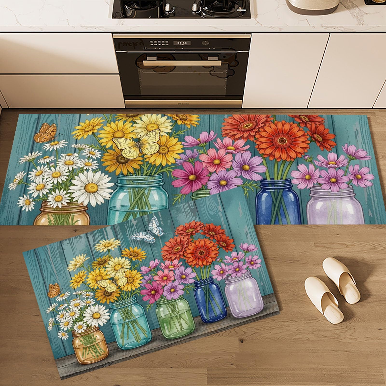 Alfombra de cocina antifatiga de diseño rústico cian, juego de 2 tapetes para el hogar