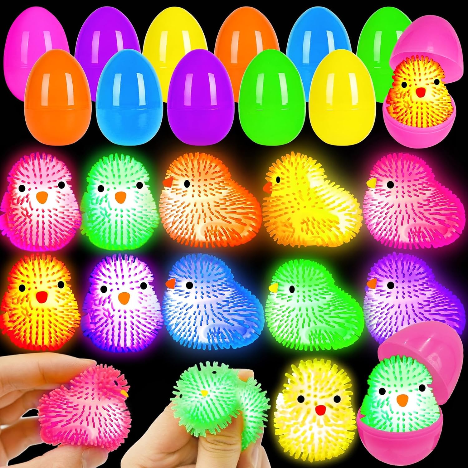 Olixmlya 12 Pack Easter Egg Fillers Chick LED Puffer Balls ,LED Light up Toys Flashing Spiky Toys Bulk Glow in The Dark for Kids Boys Girls Classroom Prizes Easter Basket Stuffers Party Favors