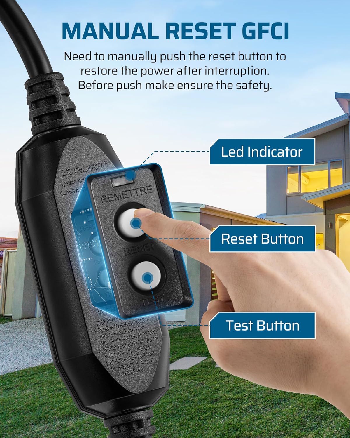 Close-up of the DEWENWILS GFCI unit showing the Test and Reset buttons