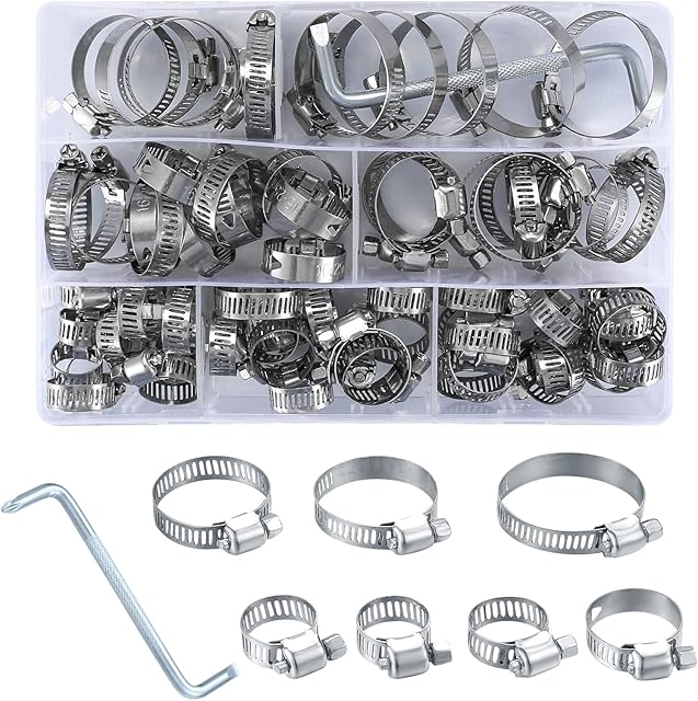 71 Pcs Hose Clips Adjustable, Stainless Steel Hose Clamps Assorted Kit, 8-38mm Range Pipe Clips Assortment, 7 Sizes Tube Clamps with Screwdriver and Storage Case