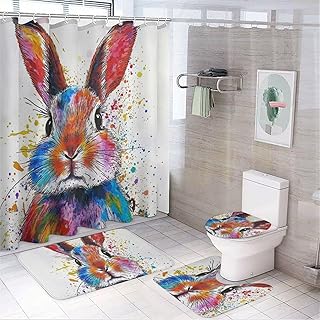 4 Piece Color Ink Painting Shower Curtain Set - Cute Rabbit Bathtub Decor with Non Slip Bath Rugs Mat Toilet Seat Cover and Hooks, 180 X 180 Cm Waterproof Shower Curtain