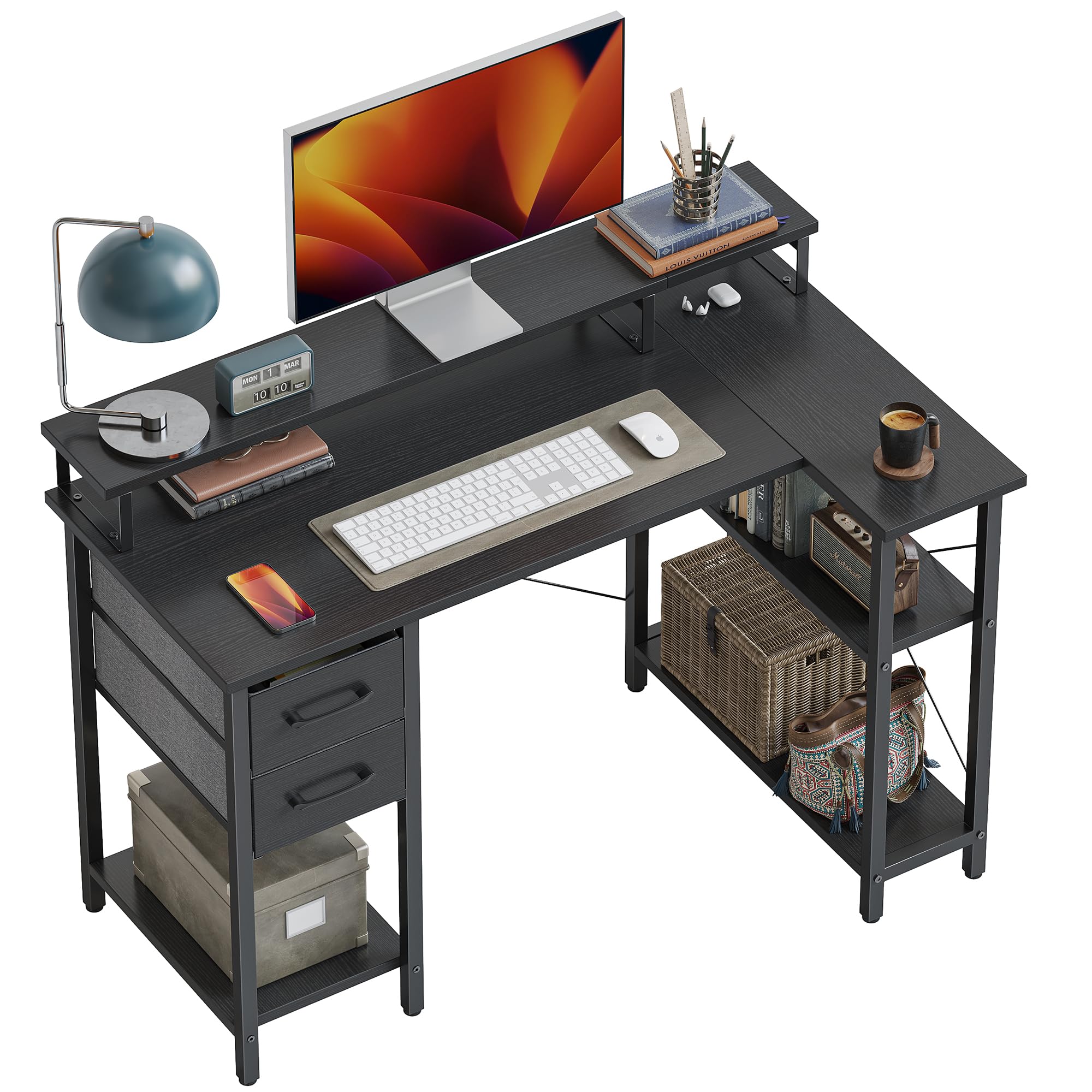 CubiCubi L Shaped Computer Desk with Monitor Stand & Shelves, 47 Inch Corner Home Office Desk Writing Table with Storage Drawer, Black