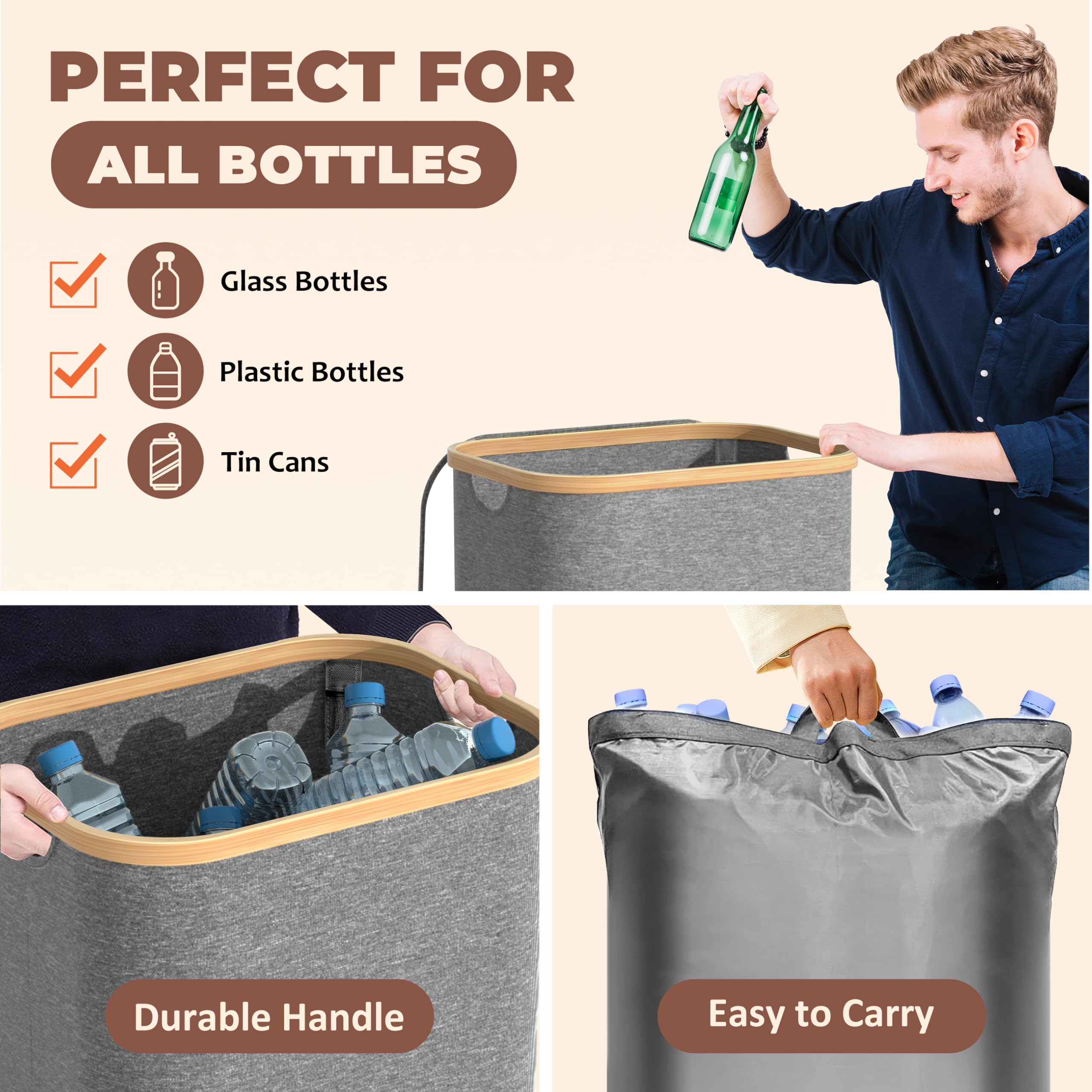 Returnable Bottle Container 100L Grå – Bottle Collector with 2 Transport Bags – Deposit Bottle Container Drop Hole – Bamboo Foldable