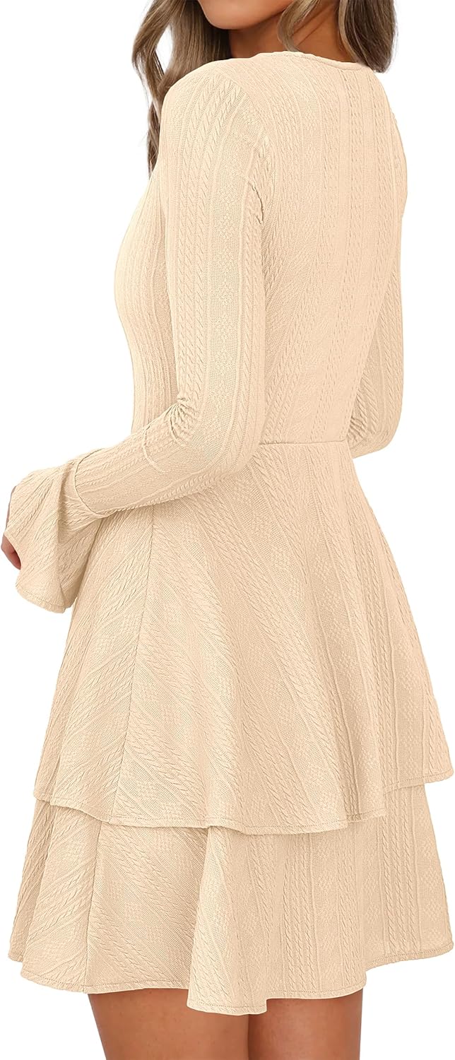 PRETTYGARDEN Womens Flared Long Sleeve Bodycon Mini Dress Formal Tiered Crewneck Slim Fit A Line Fall Short Cocktail Dresses - Image 4