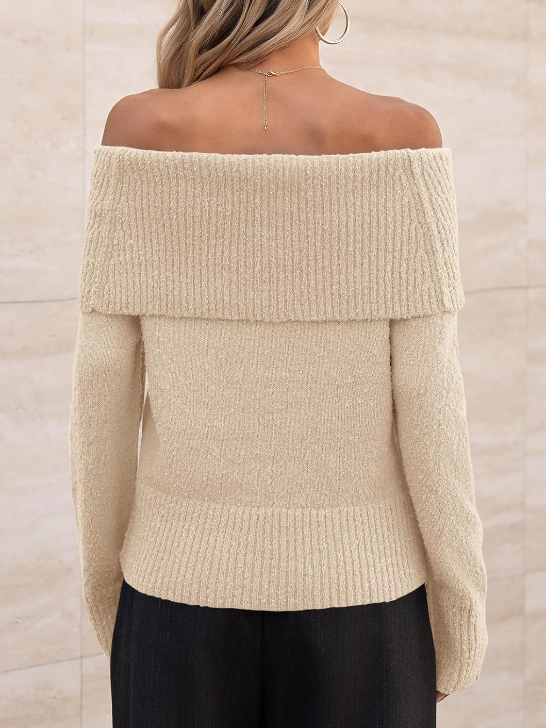 Saodimallsu Womens Off The Shoulder Sweater Fuzzy Knit Long Sleeve Fall Trendy Dressy Fold Over Pullover Top - Image 5