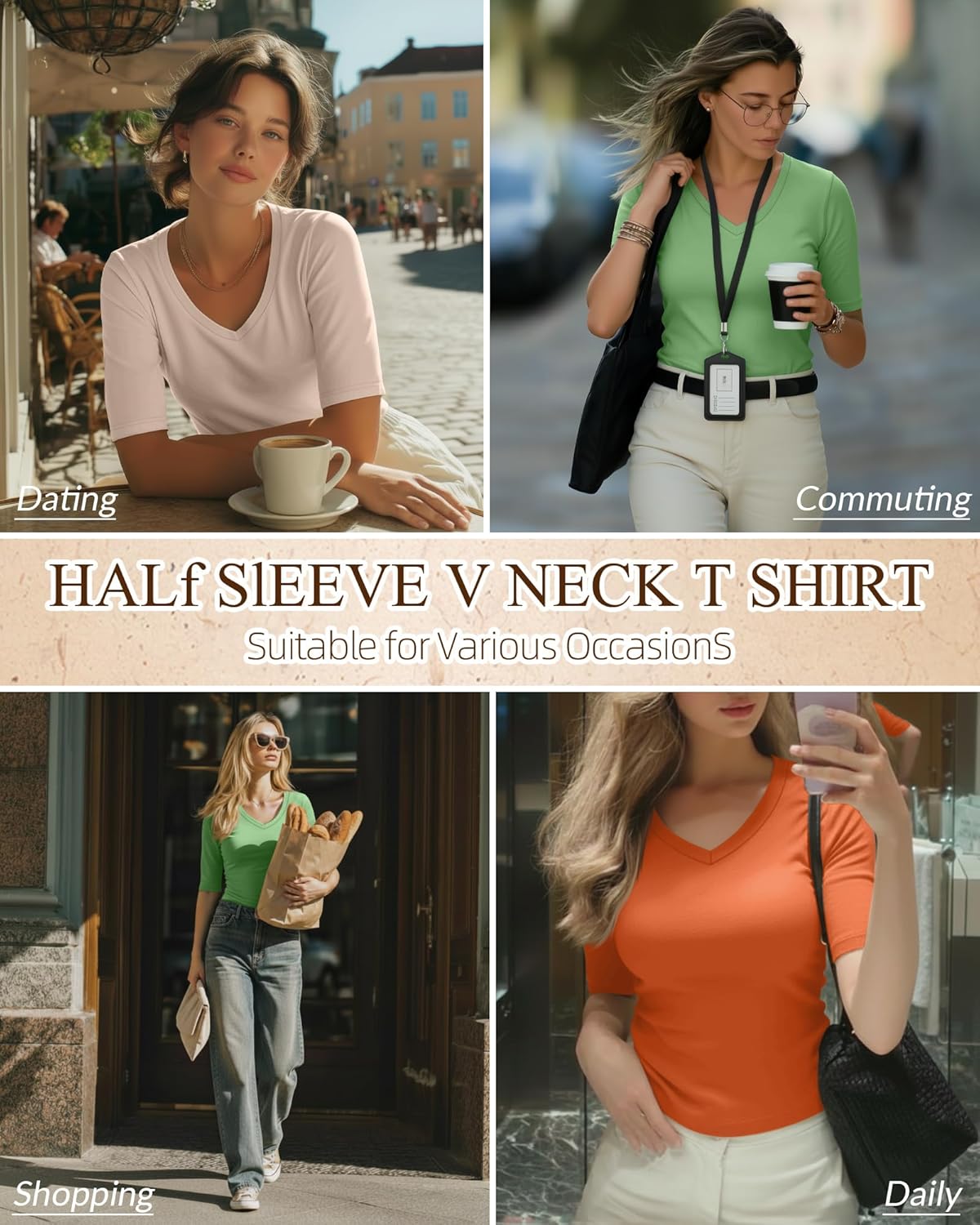 Ficerd 3 Pack Women's Half Sleeve V Neck T Shirts, Mid Elbow Length Sleeve Shirt Slim Fit Tunic Top Casual Summer Tee - Image 2