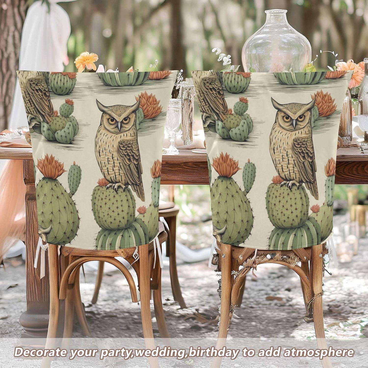 ALAZA Vintage Cactuses Owl Chair Back Cover Set of 6, Washable Reusable Removable Chair Slipcovers Decorative Chair Cover for Home Kitchen Wedding Party