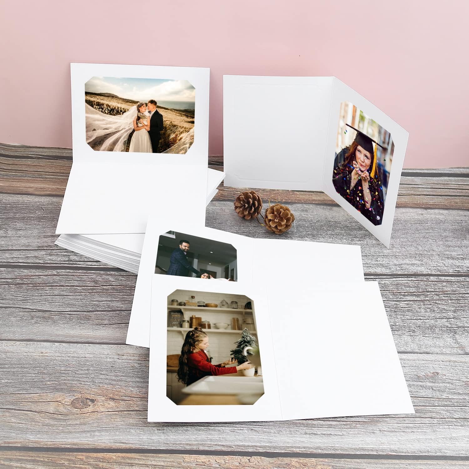 Golden State Art, Pack of 100, 4x6 or 5x7 Photo Folders, Cardboard Picture Frame, Paper Frame Cards, Greetings/Invitation Special Events: Graduation, Christmas, Wedding(White)