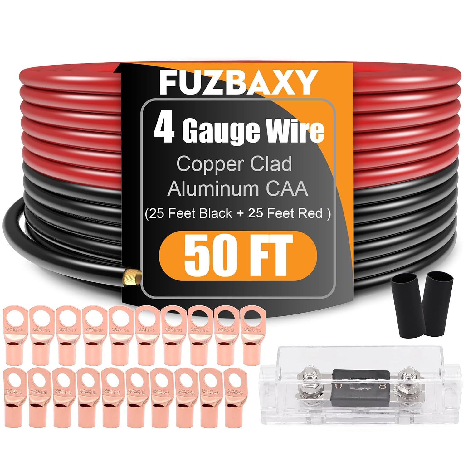 4 Gauge Wire (25 Feet Black+25 Feet Red) Copper Clad Aluminum CCA - Primary Automotive Wire Power/Ground,20PCS Lugs Terminal Connectors,20PCS Heat Shrink Tubing with 100A ANL Fuse