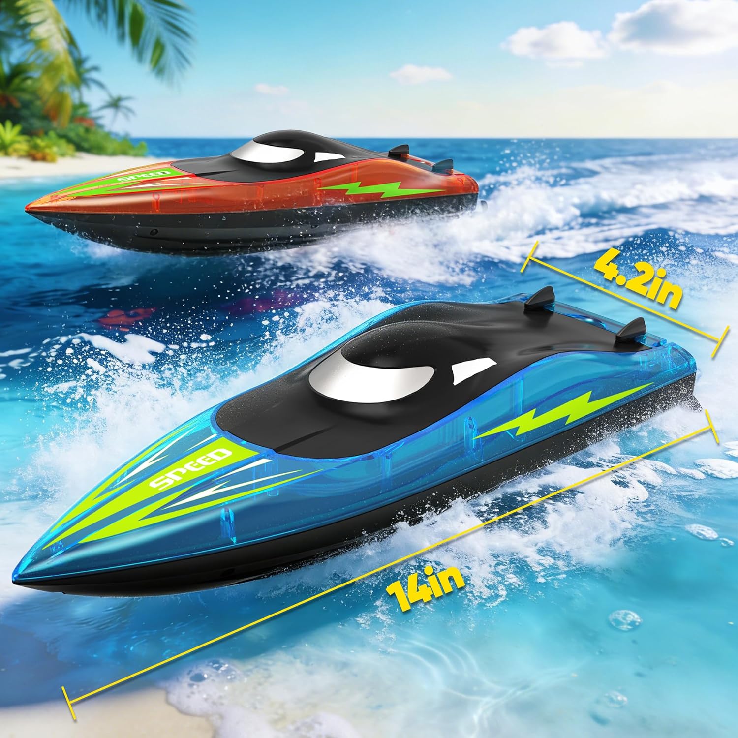RC Boat with LED Lights - 2Pack 14Inch Remote Control Boat for Kids and Adults, 2.4Ghz Fast RC Boats 15 KPH for Lakes & Pools with 4 Rechargeable Battery, Summer Toys Gifts for Kids Age 8-12