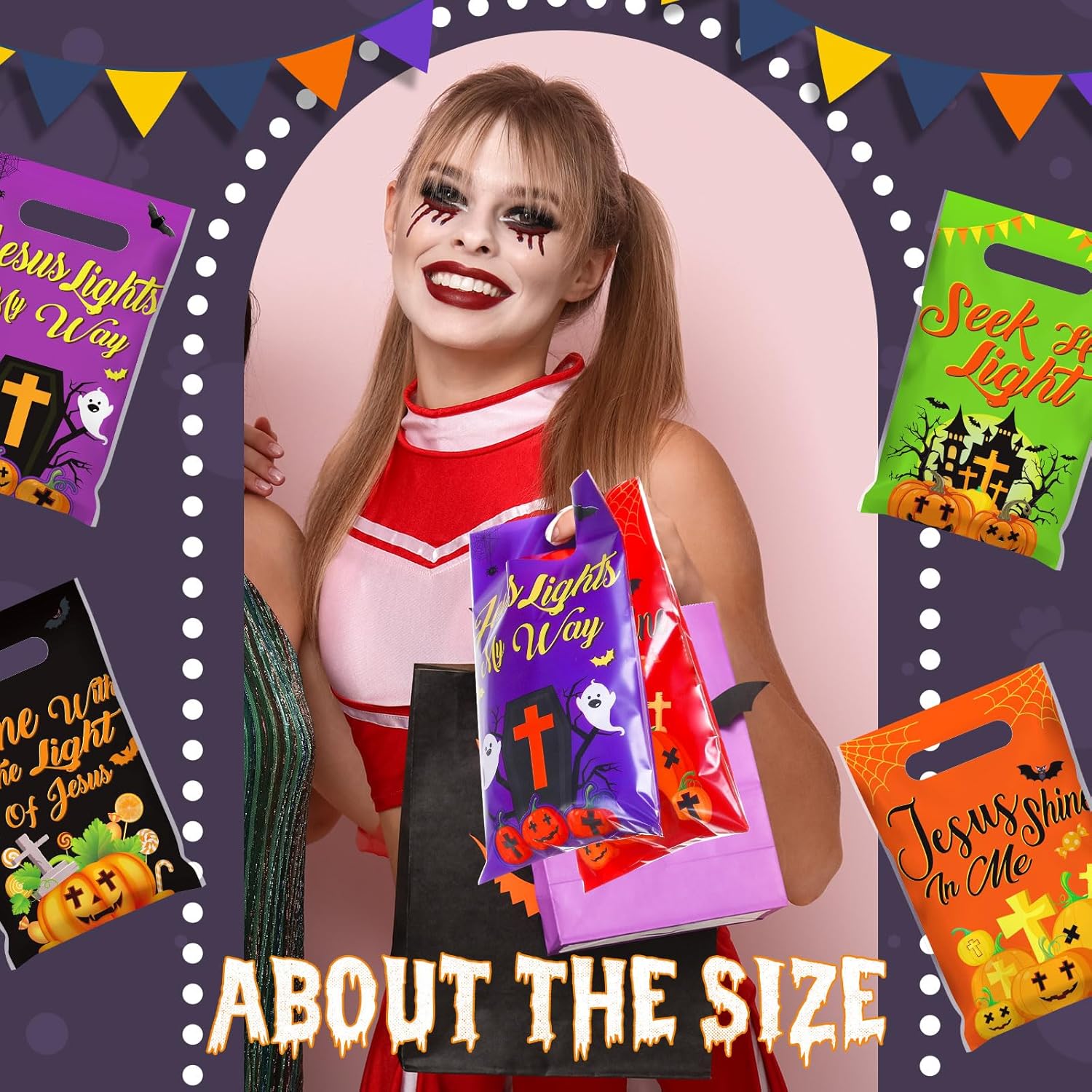 Frienda 100 Piece Halloween & Thanksgiving Plastic Treat Bags with Handles Christian Religious Autumn Candy Goodie Snack Bags for Halloween Fall Jesus Parties Gifts Supplies - Image 7