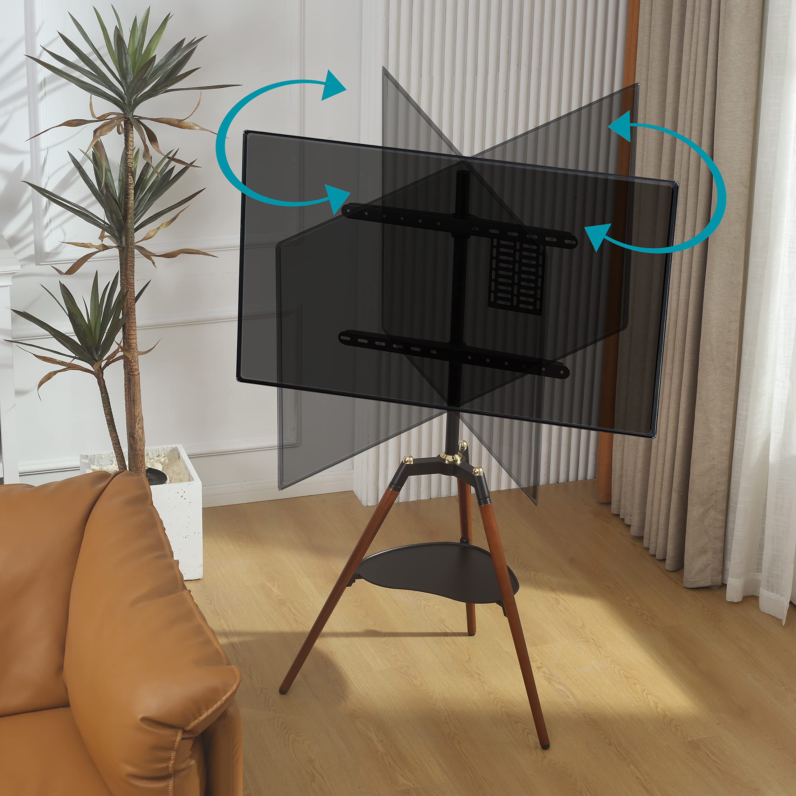 ETHU Support TV Trépied Bois 32-65" jusqu'à 40kg, Pied TV Design Scandinave Pivotant ±70° Hauteur Réglable, Support TV Chevalet Bois Marron avec Étagère Cœur, sans Percer