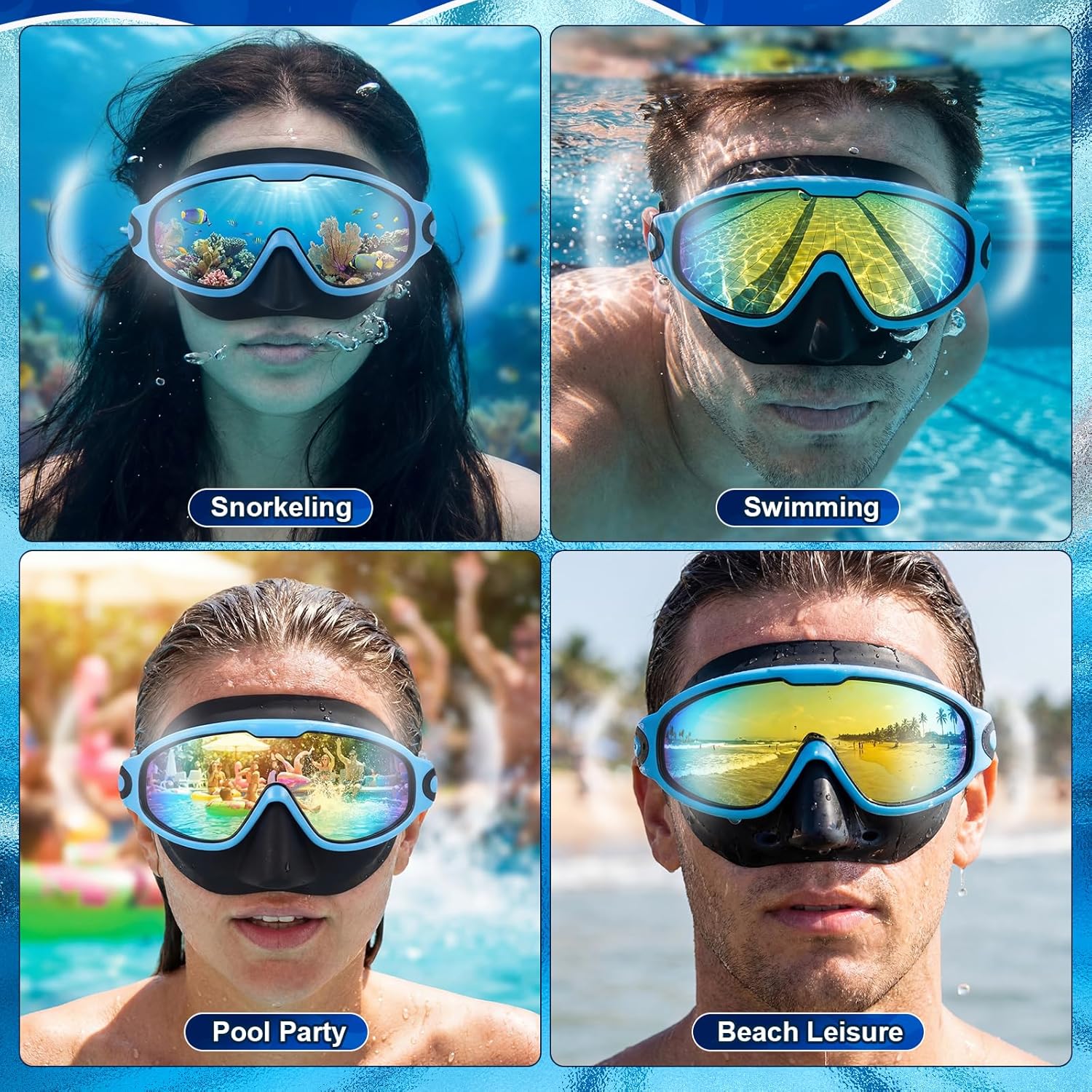 Xuhal 6 Pack Adult Swim Goggles with Nose Cover Diving Mask 180° Wide View Anti Fog/UV No Leak Tempered Glass Lens Adjustable Swimming Snorkel Mask for Men Women Youth