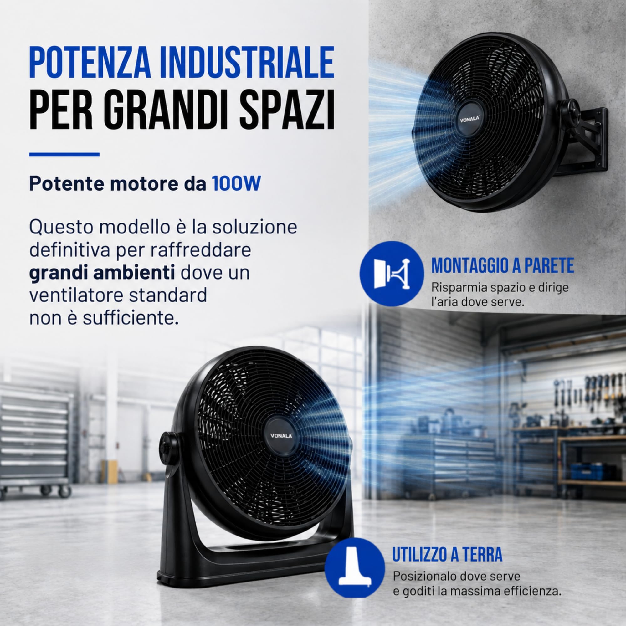 Vonala Ventilatore da pavimento e parete industriale, 100 W, potente 50 cm, silenzioso, ABS, antivibrazione, per esterni e interni, nero, potenti e silenziosi