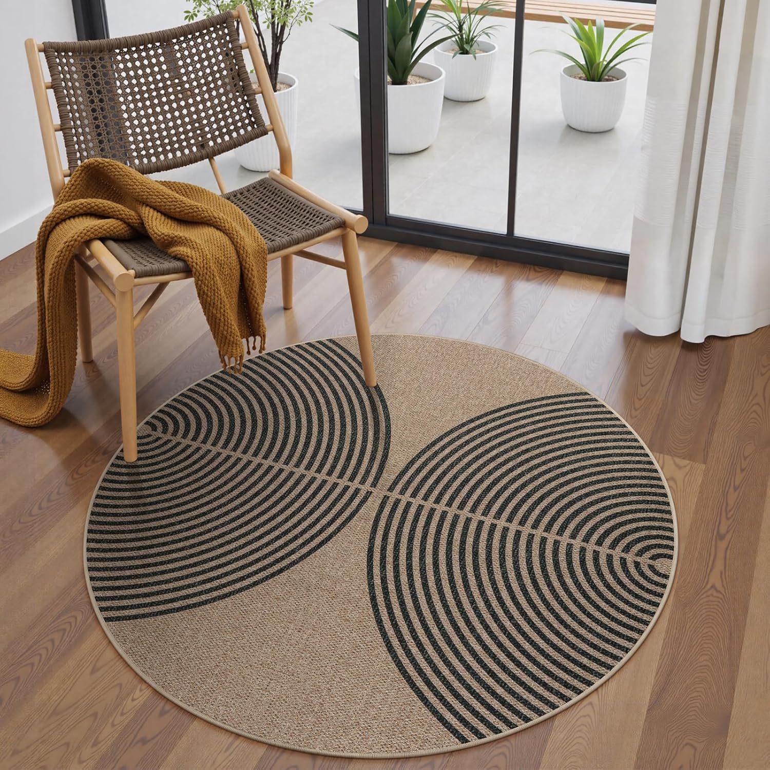 Tan and Black Lahome Modern Rainbow Round Rug 4ft, Washable Outdoor Rugs for Entryway Patio Farmhouse Indoor Outdoor Carpet, Contemporary Non Slip Small Round Kitchen Mats for Floor Entry