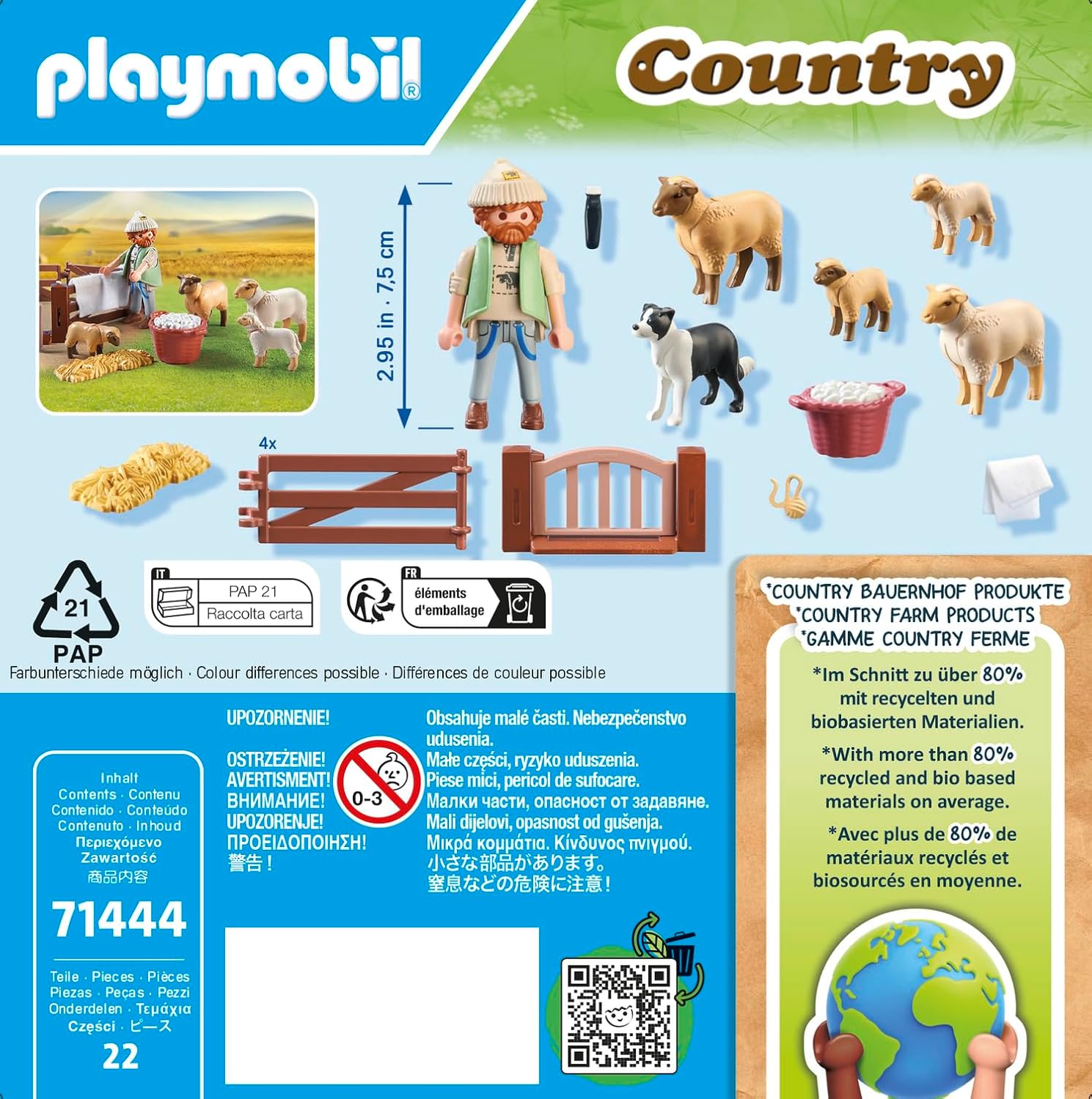 PLAYMOBIL Country 71444 Shepherd with Sheep Flock, Border Collie, Hair Clipper and Straw, Imaginative and Fun Role Plays, Toys for Children Ages 4 and Up