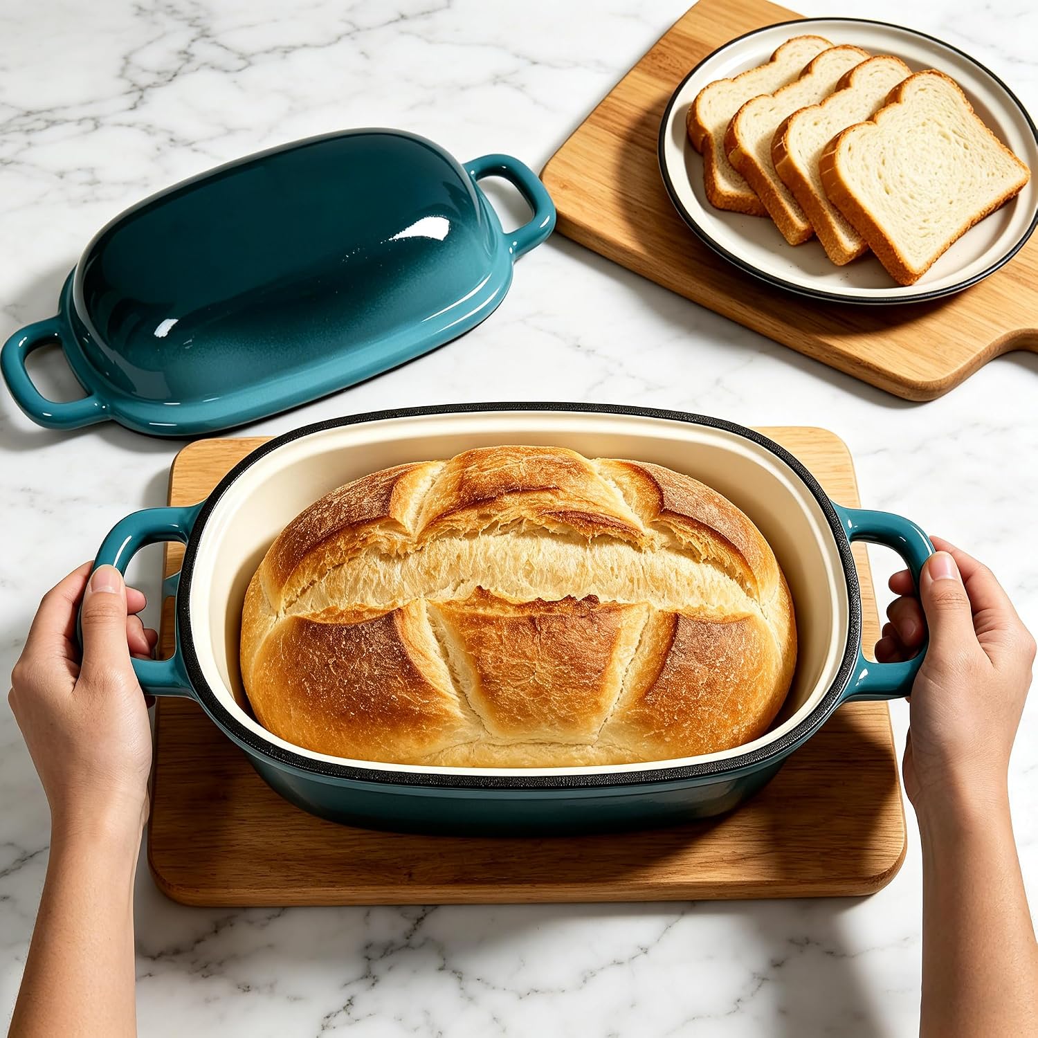 Enameled Cast Iron Dutch Oven for Bread Baking, Loaf Pan with Lid for Sourdough (Peacock Blue, 3 Quarts)