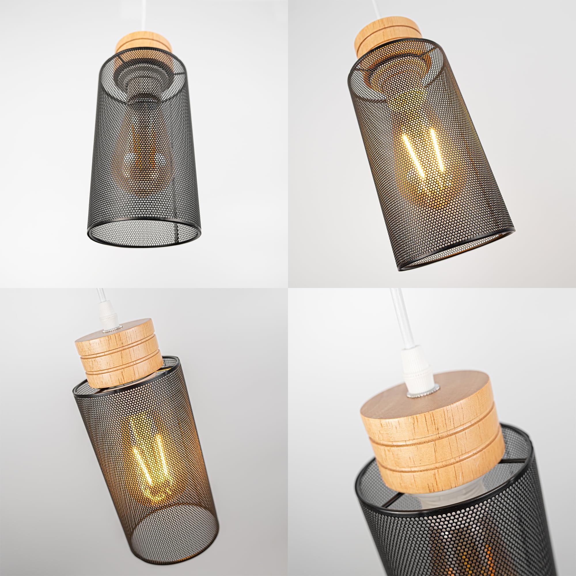 SKIVTGLAMP No Wiring Needed Pendant Lighting Swag, Pulley Wheel Design, 15ft Plug-in Dimmer Cord, Black Grid Hollowing Designed Shade Wood E26 Socket for Hallway Bedroom Living Room