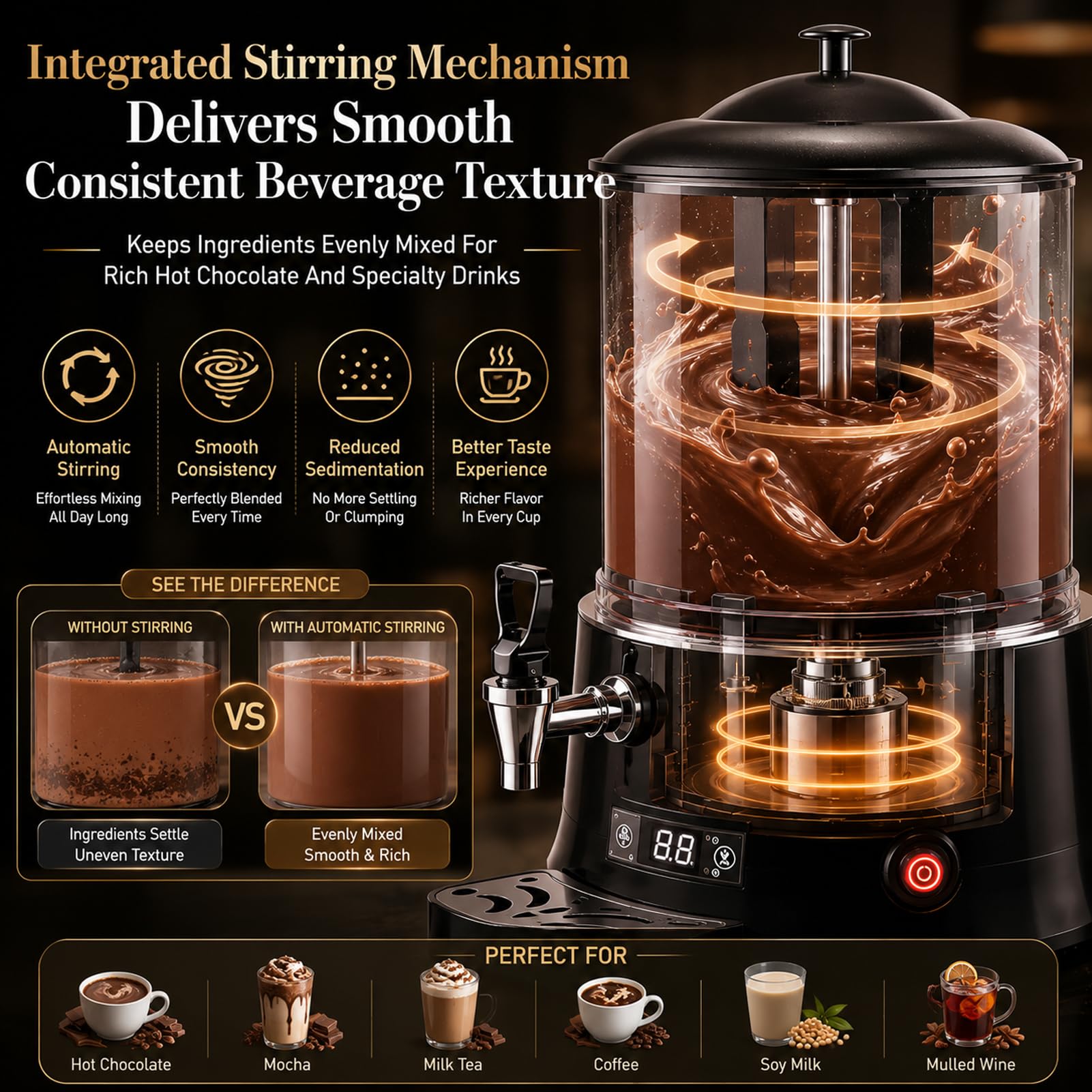 10L/2,6Gal Machine à Chocolat Chaud, 400W Machines à Faire Fondre Le Chocolat Chaud, Distributeur Commercial de Boissons Chaudes, Contrôle de Température 30-90℃ pour Cacao, Lait, Café