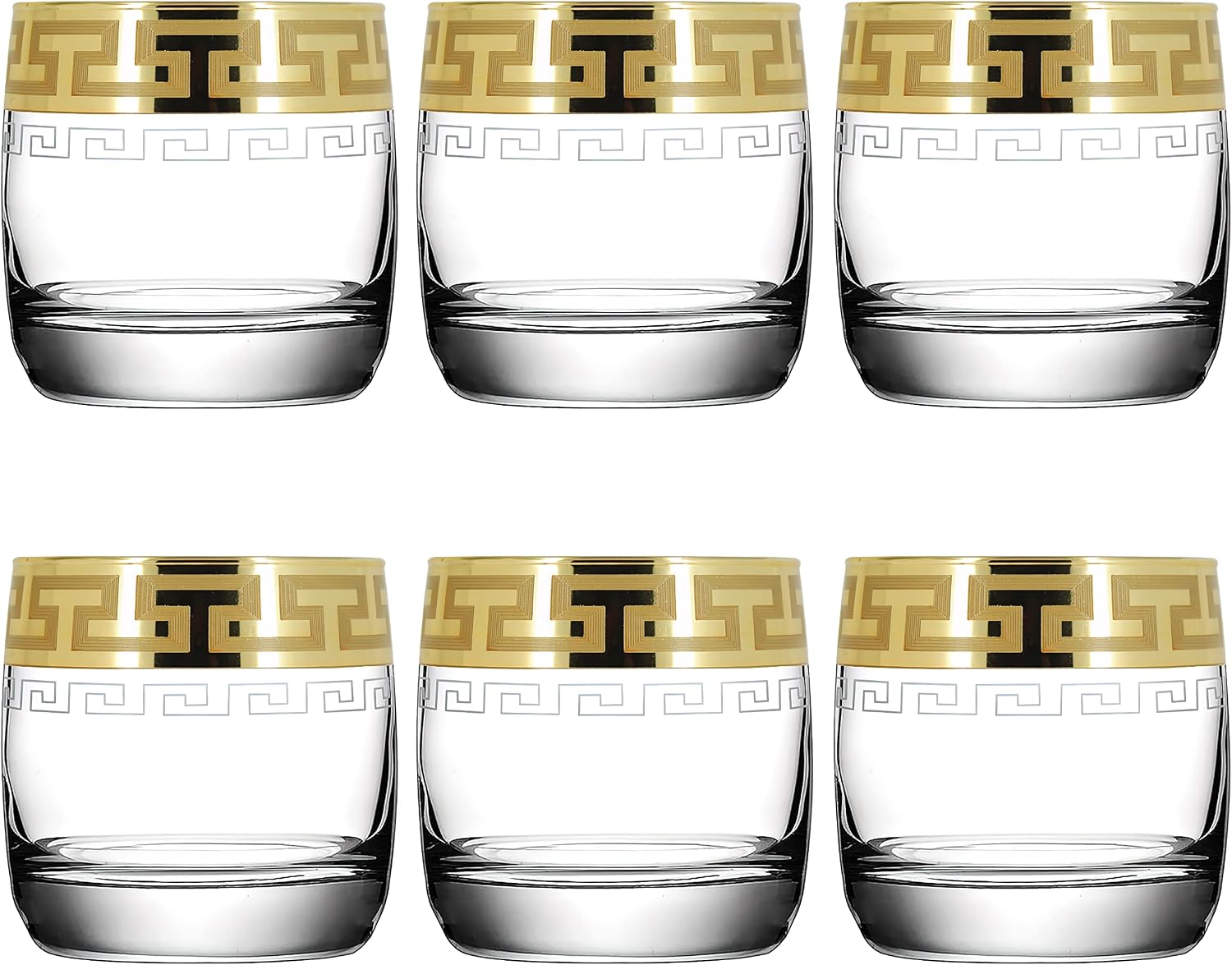Whiskey Glasses Set of 6 with Gold Rim for Men or Women Dad, Granddad Gift Set - Round Bottom Modern Design - 250ml (Greek Style FBA)