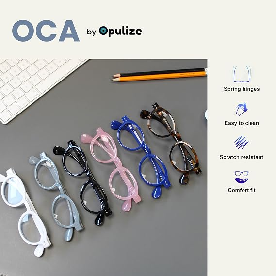 OPULIZE OCA Reading glasses for Women Men,Scratch Resistant Modern Retro Round frame with Spring Hinges, Black, Brown Tortoiseshell, Blue, Grey +2 (Pack of 4)