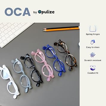 OPULIZE OCA Reading glasses for Women Men,Scratch Resistant Modern Retro Round frame with Spring Hinges, Black, Brown Tortoiseshell, Blue, Grey +2 (Pack of 4)