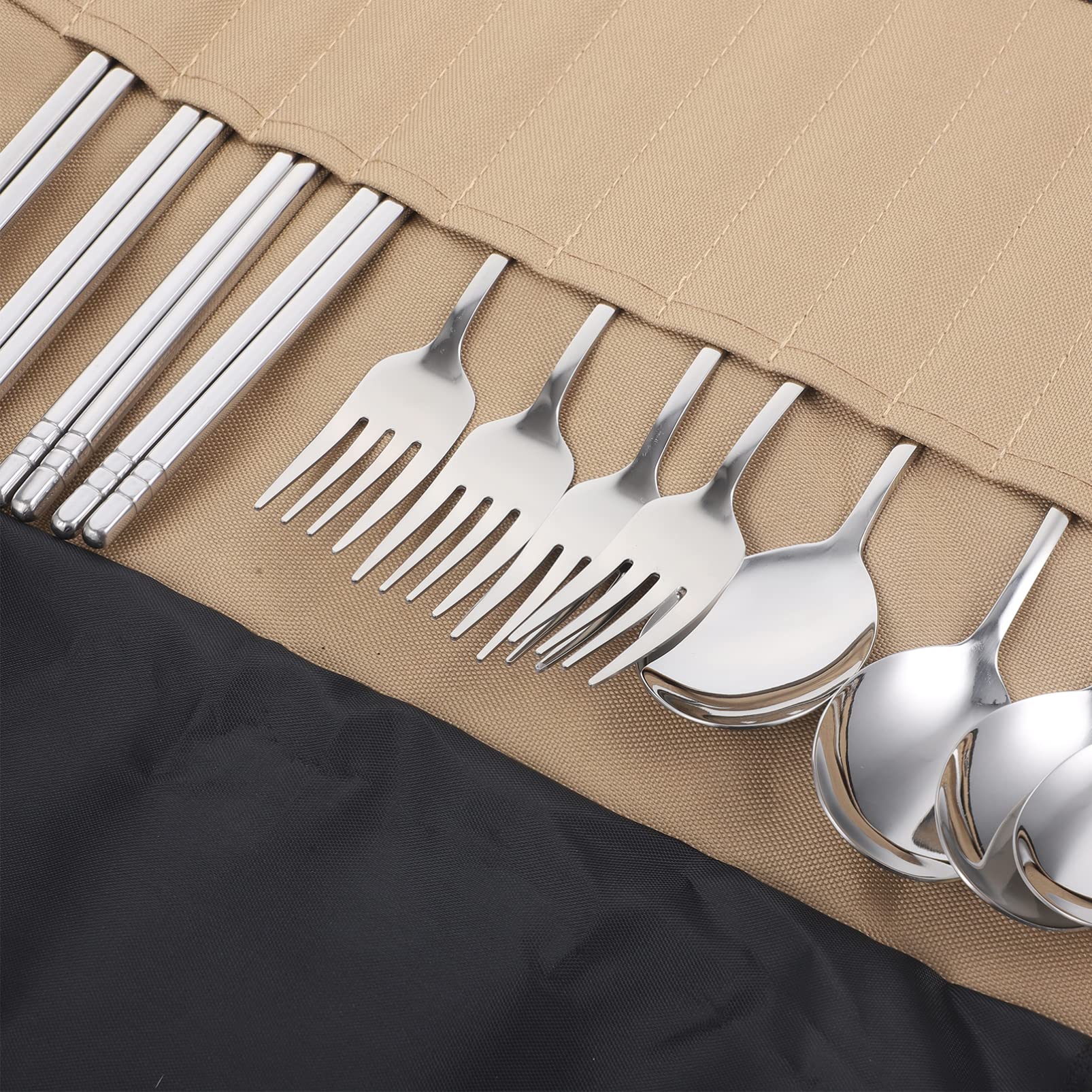 HANABASS Set Posate da Campeggio Portabile Cucchiaio, Forchetta, Cucchiaino e Contenitore, Realizzato in Acciaio Inossidabile e Nailon, per Escursioni e Picnic