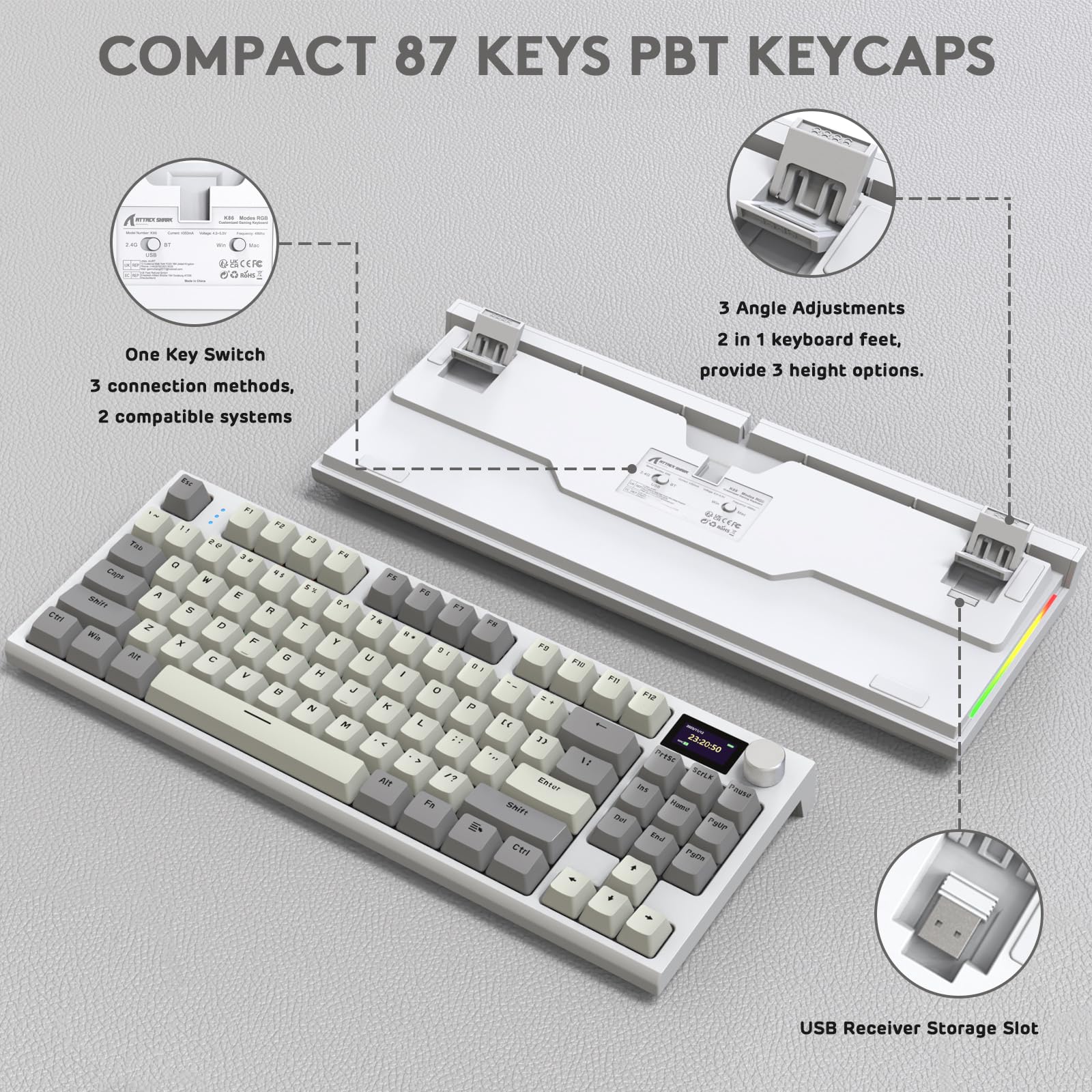 ATTACK SHARK K86 Teclado Mecánico Wireless 75%, Teclado para Juegos Tri-Modo con 2.4G/BT5.0/USB-C Cable, QWERTY TKL 87 Tecla, Pantalla TFT HD de 1.2' y Perilla, RGB Hot-Swap Linear Switch - Gris