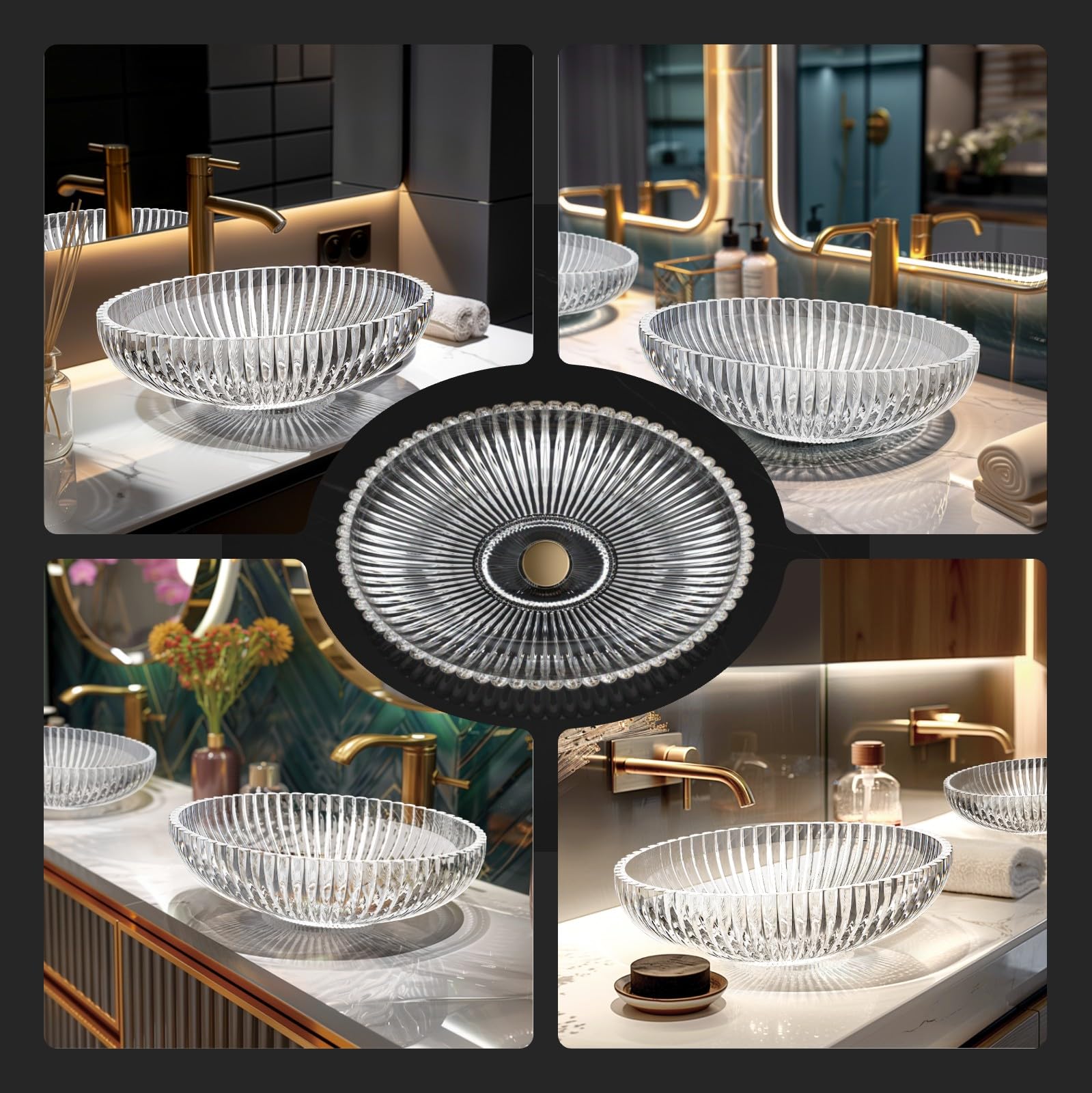 EMKE Lavabo da appoggio in vetro ovale, lavabo in vetro trasparente, 51 x 35 x 15 cm, di alta qualità per bagno e WC degli ospiti, lavabo senza foro per rubinetto