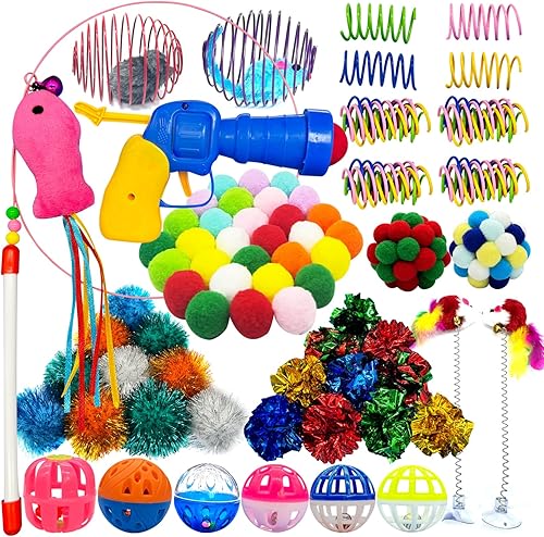 HerMia Juguetes interactivos para gatos de interior, paquete de 84 juguetes para gatitos, incluye lanzador de bolas de felpa, bolas arrugadas, bolas